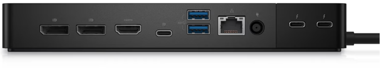 An image of the back of the Dell Thunderbolt Dock model WD22TB4 showing the available ports.